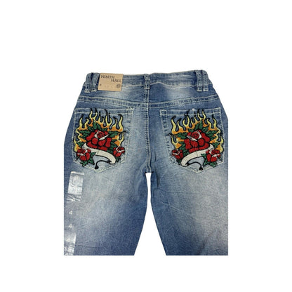 Ninth Hall Women’s Flare Jeans Size 4 Embroidered Flame Rose Pockets Y2K NWT