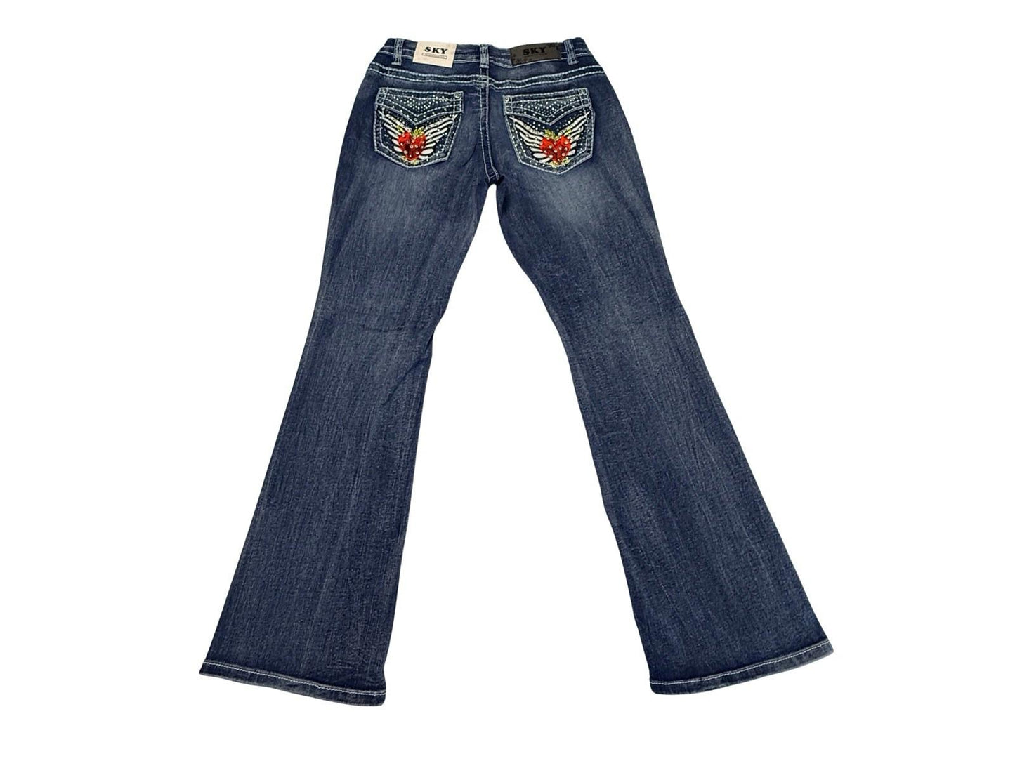 SKY Low Rise Bootcut Jeans Womens Size 9/29 Rhinestone Heart Wings NWT Denim