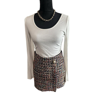 Plaid Double Breasted Tweed Straight Mini Skirt Black White Women Size Medium