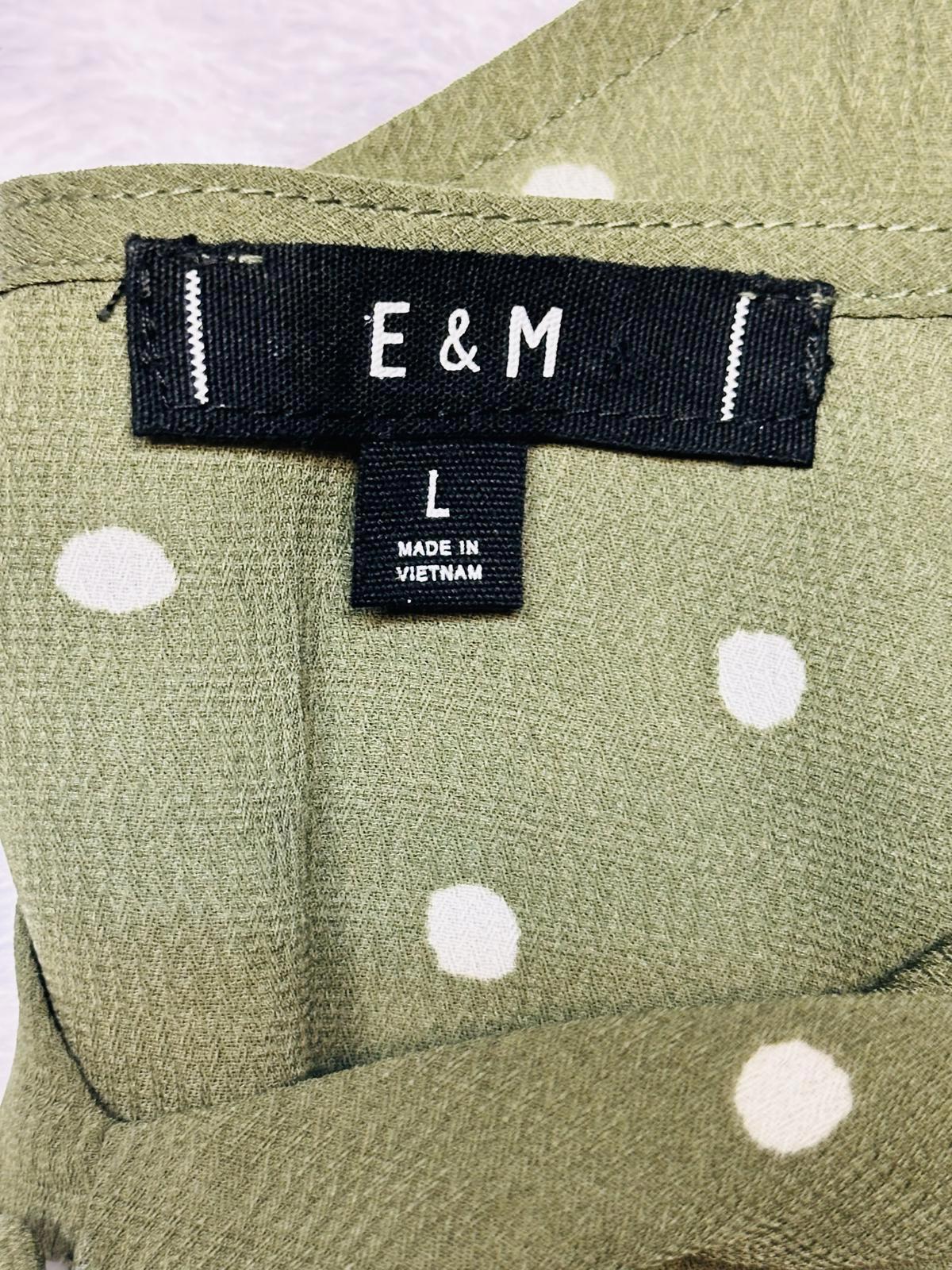 E & M Olive Green Polka Dot Spaghetti Strap Tank Top, Size Large