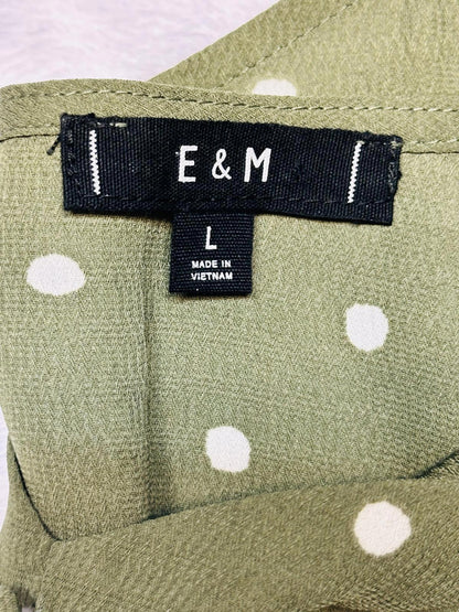 E & M Olive Green Polka Dot Spaghetti Strap Tank Top, Size Large