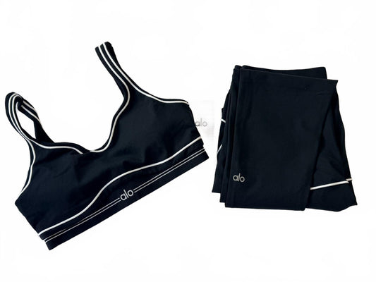 Alo Yoga Black White Piping Activewear Set Sports Bra & High-Waist Leggings