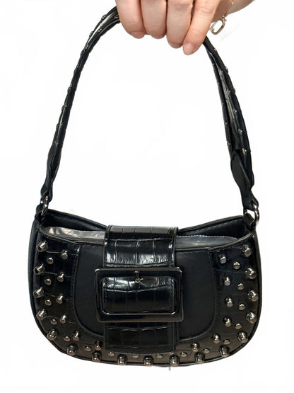Black Croc-Embossed Faux Leather Shoulder Bag with Studded Detailing