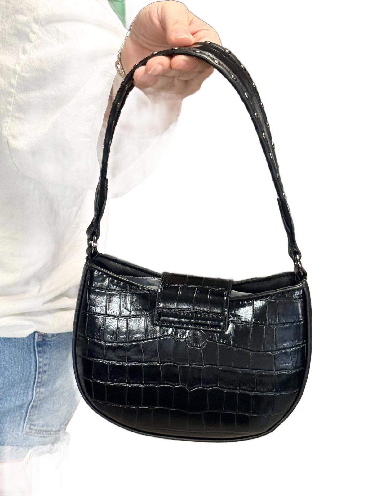 Black Croc-Embossed Faux Leather Shoulder Bag with Studded Detailing