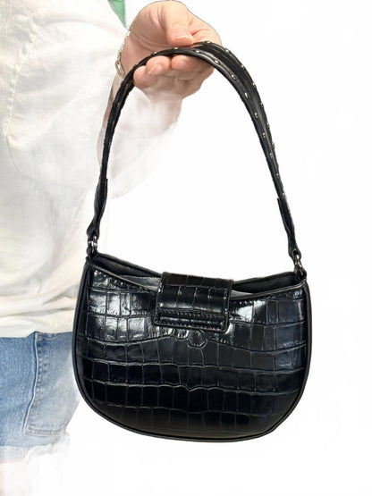 Black Croc-Embossed Faux Leather Shoulder Bag with Studded Detailing