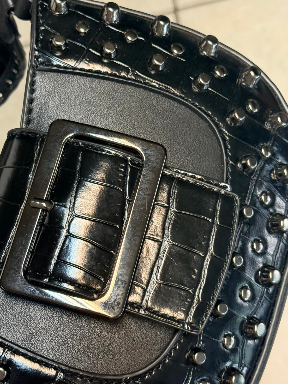 Black Croc-Embossed Faux Leather Shoulder Bag with Studded Detailing