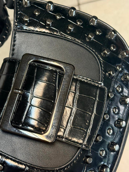 Black Croc-Embossed Faux Leather Shoulder Bag with Studded Detailing