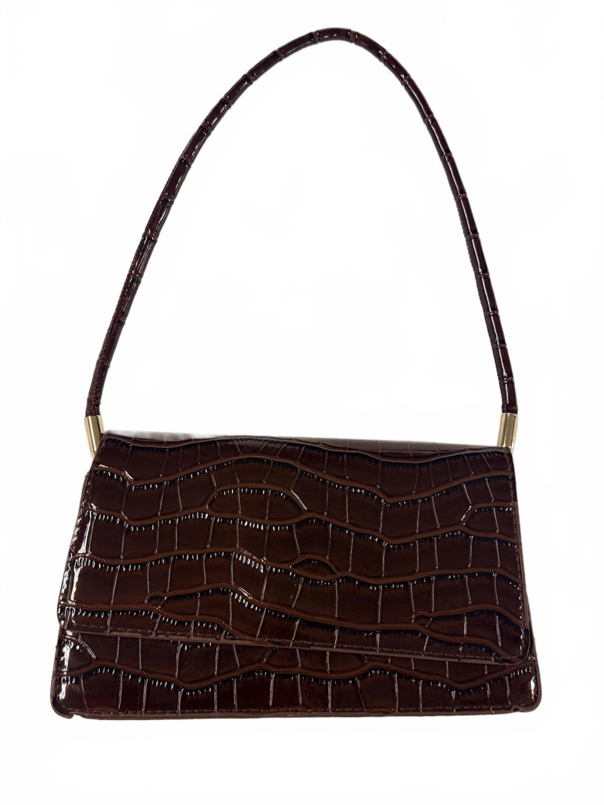 Vintage Dark Brown Croc-Embossed Leather Shoulder Bag