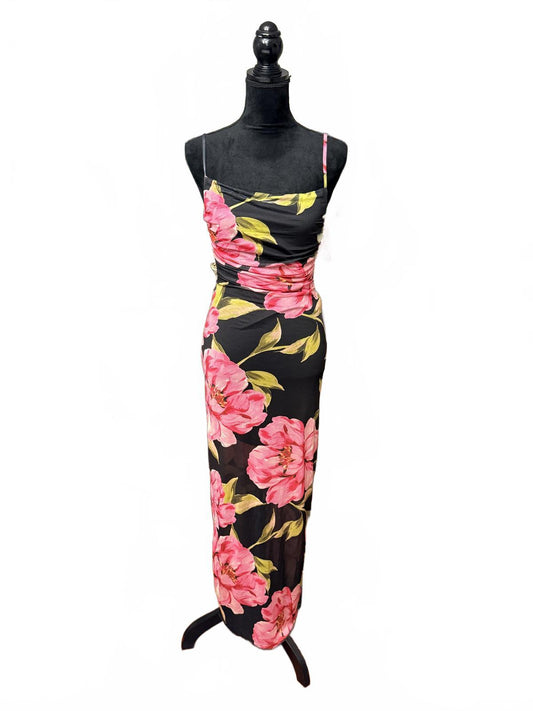Persaya Black Floral Midi Dress with Pink and Yellow Flowers
