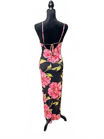 Persaya Black Floral Midi Dress with Pink and Yellow Flowers