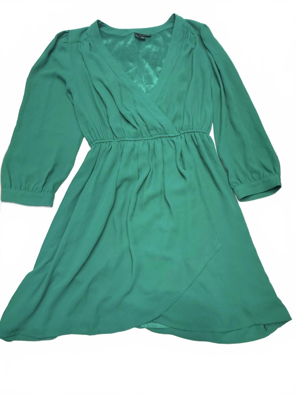 Innovation Femme Size L Kelly Green Faux Wrap Dress Puff Sleeve Elastic Waist
