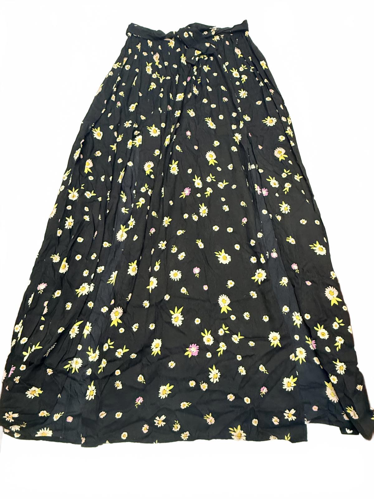 Black Floral Maxi Skirt with Side Slit and Tie Waist