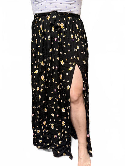 Black Floral Maxi Skirt with Side Slit and Tie Waist
