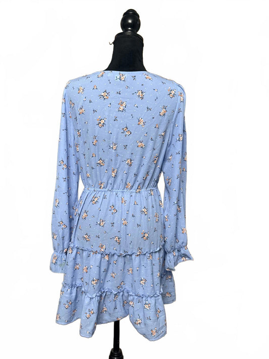 Inspired Hearts Floral Wrap Mini Dress - Blue Ruffle Long Sleeve V-Neck - L