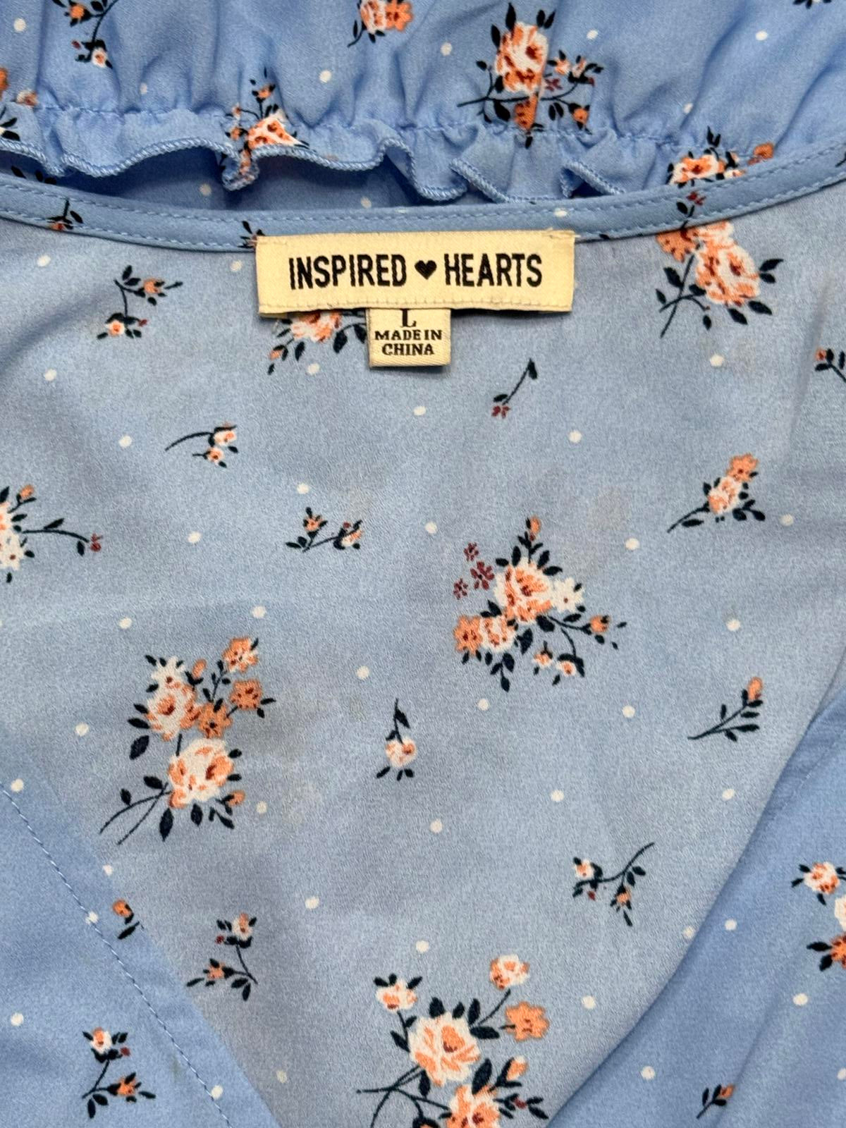 Inspired Hearts Floral Wrap Mini Dress - Blue Ruffle Long Sleeve V-Neck - L
