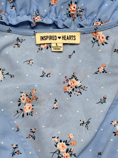 Inspired Hearts Floral Wrap Mini Dress - Blue Ruffle Long Sleeve V-Neck - L