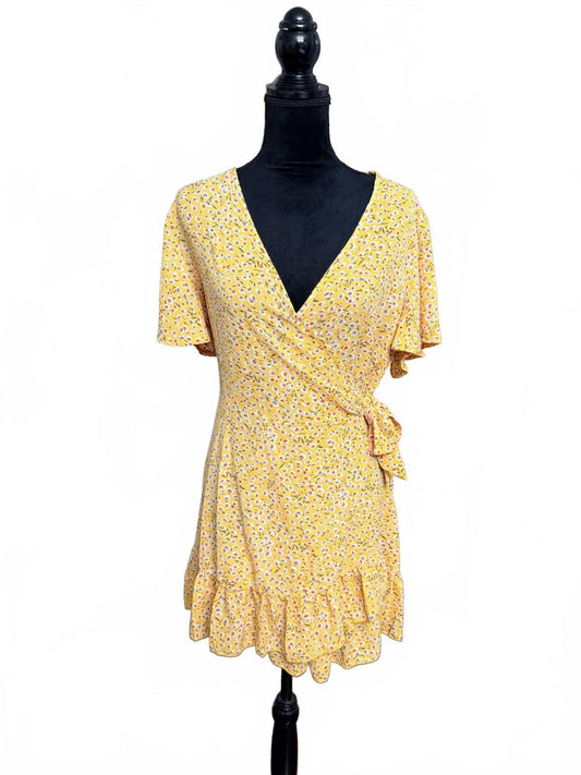 Yellow Floral Wrap Mini Dress V-Neck Ruffle Flutter Sleeve Boho Cottagecore M