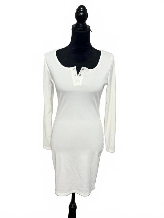White Long Sleeve Buttoned Ribbed Knit Dress