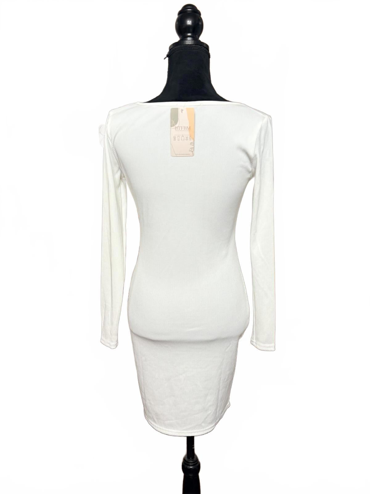 White Long Sleeve Buttoned Ribbed Knit Dress