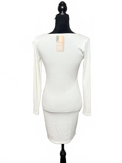White Long Sleeve Buttoned Ribbed Knit Dress