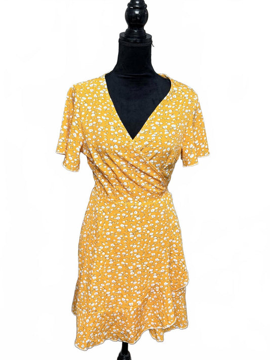 Yellow Floral Wrap Mini Dress Flutter Sleeve Ruffle Hem Cottagecore Coquette L