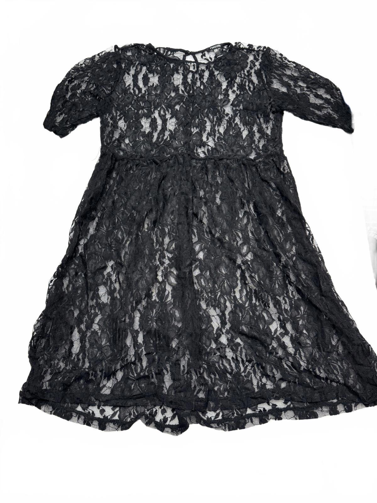 Forever 21 Black Floral Lace Mini Dress Large Elbow Sleeve Whimsigoth Coquette