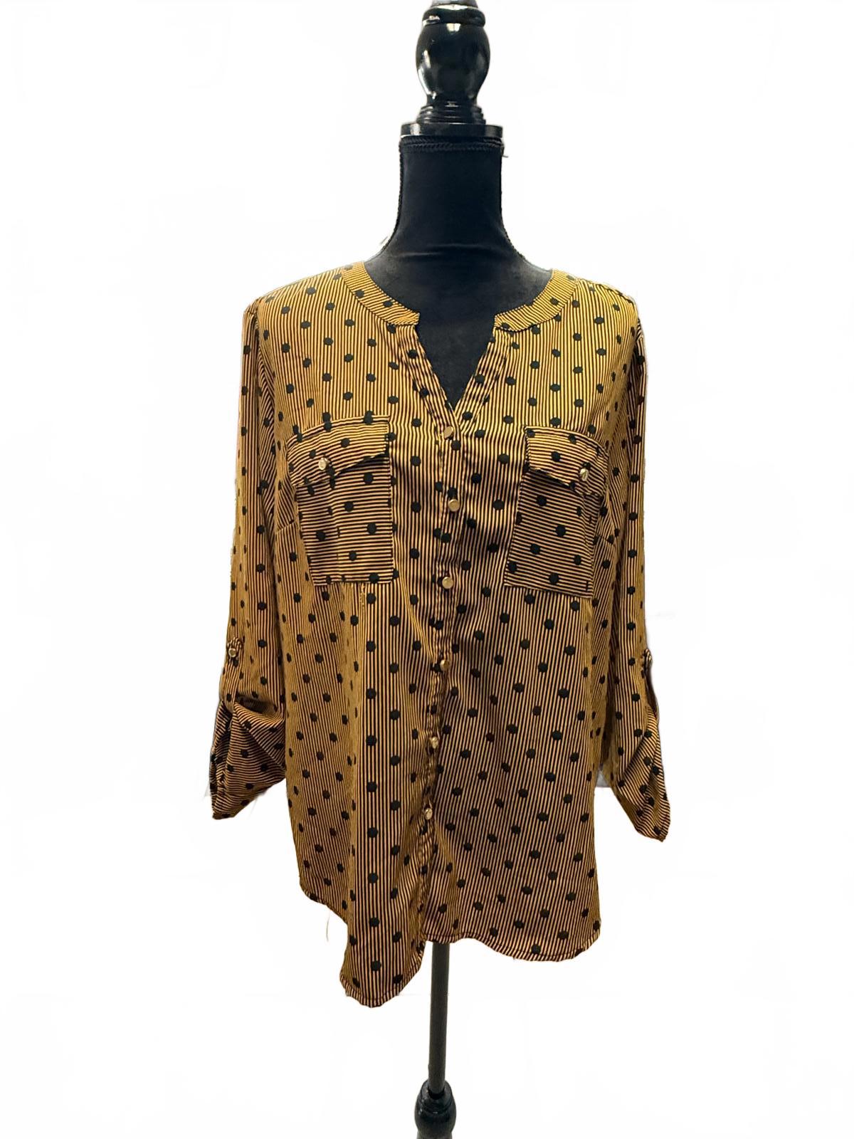 Notations Yellow Polka Dot Blouse XL Button Up V-Neck Long Sleeve Shirt Vintage