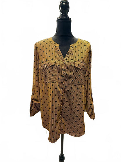 Notations Yellow Polka Dot Blouse XL Button Up V-Neck Long Sleeve Shirt Vintage