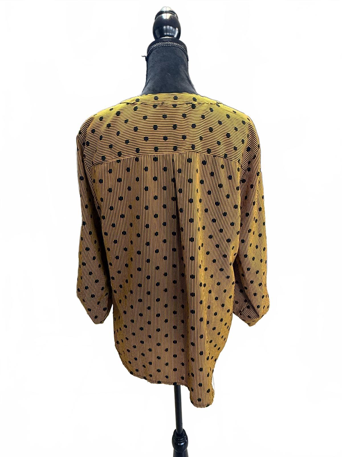 Notations Yellow Polka Dot Blouse XL Button Up V-Neck Long Sleeve Shirt Vintage