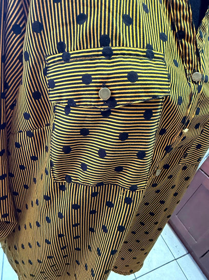 Notations Yellow Polka Dot Blouse XL Button Up V-Neck Long Sleeve Shirt Vintage