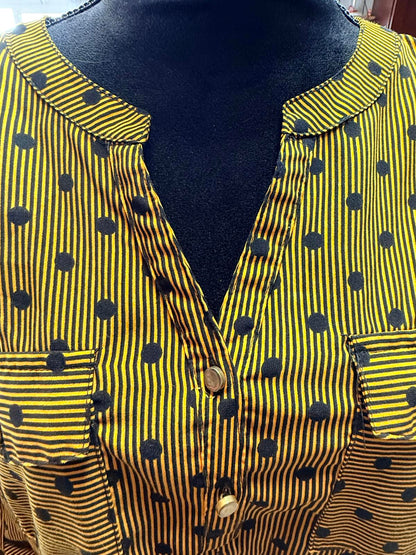 Notations Yellow Polka Dot Blouse XL Button Up V-Neck Long Sleeve Shirt Vintage