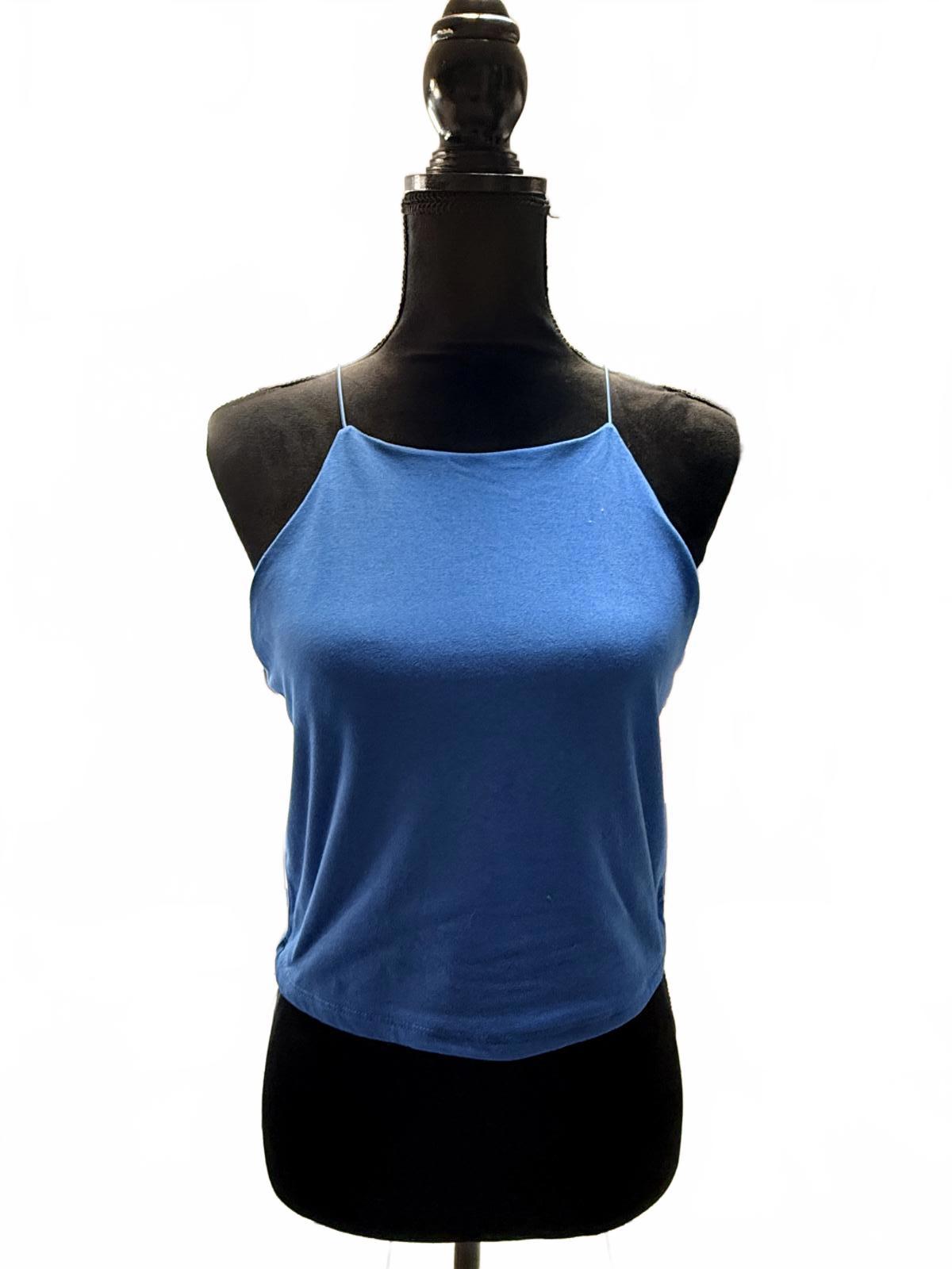 GAZE Blue Halter Neck Crop Top Ribbed Sleeveless Y2K Cami Summer Tank Size M