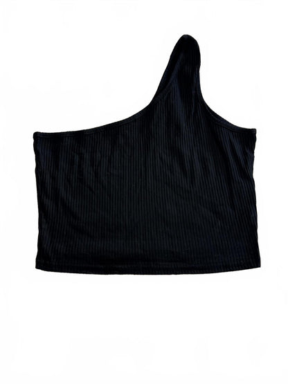 Black Ribbed One Shoulder Crop Top Size L Asymmetric Sleeveless Tank Minimalist
