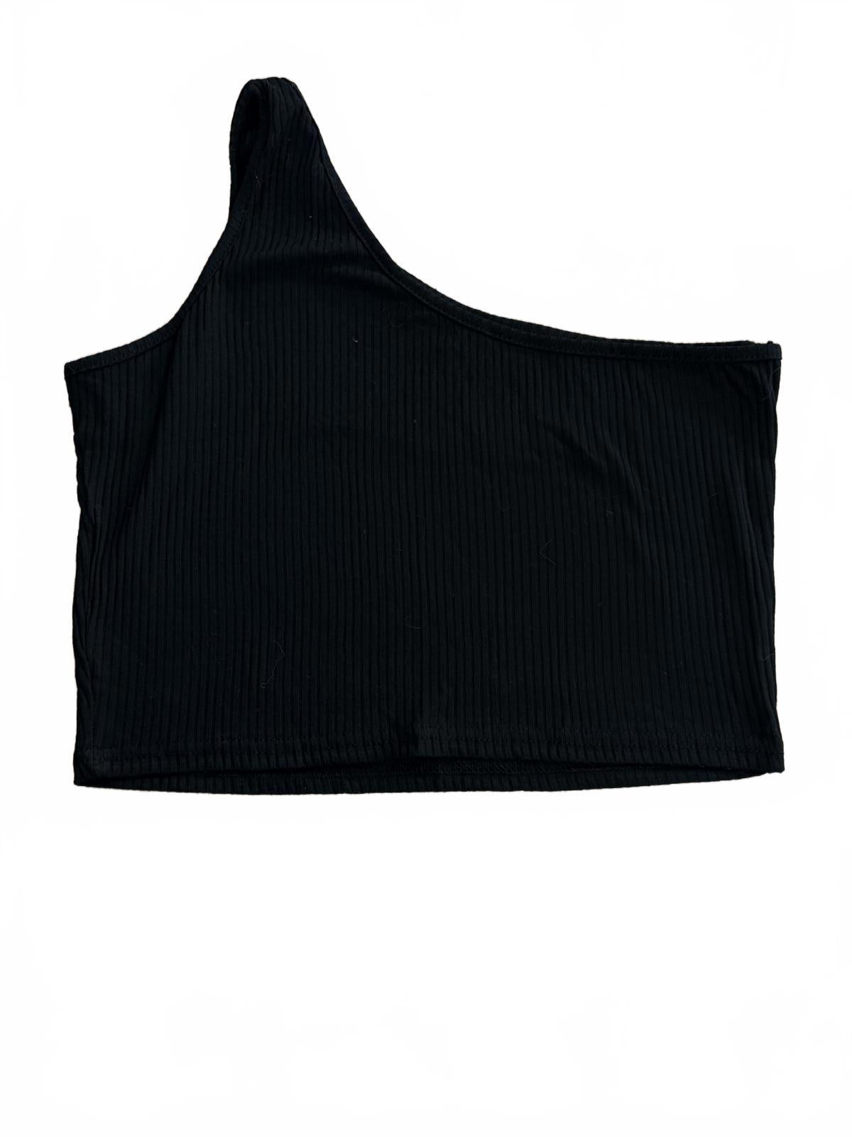 Black Ribbed One Shoulder Crop Top Size L Asymmetric Sleeveless Tank Minimalist