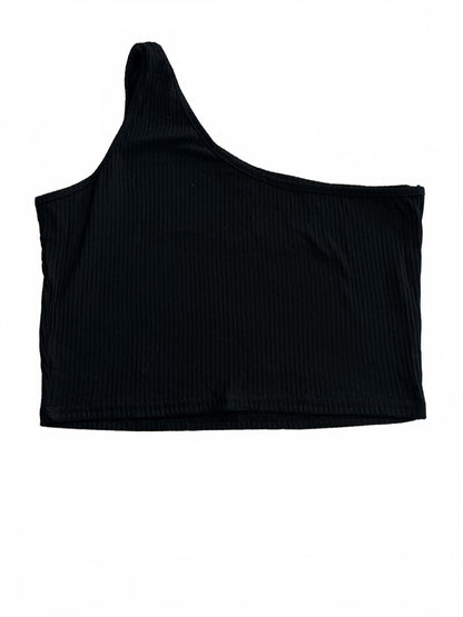 Black Ribbed One Shoulder Crop Top Size L Asymmetric Sleeveless Tank Minimalist
