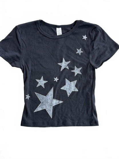 Y2K Black Star Graphic Baby Tee Silver Glitter Stars Short Sleeve Crop Top Small