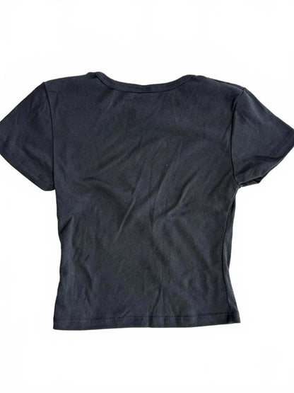 Y2K Black Star Graphic Baby Tee Silver Glitter Stars Short Sleeve Crop Top Small