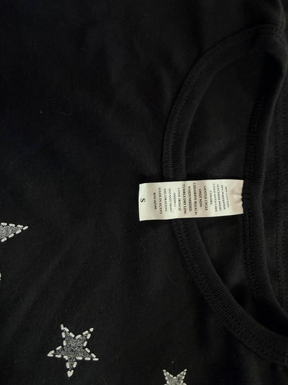 Y2K Black Star Graphic Baby Tee Silver Glitter Stars Short Sleeve Crop Top Small