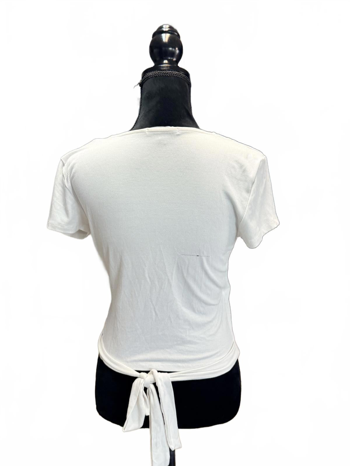 MI Collections White Wrap Top V-Neck Short Sleeve Draped Minimalist Blouse L