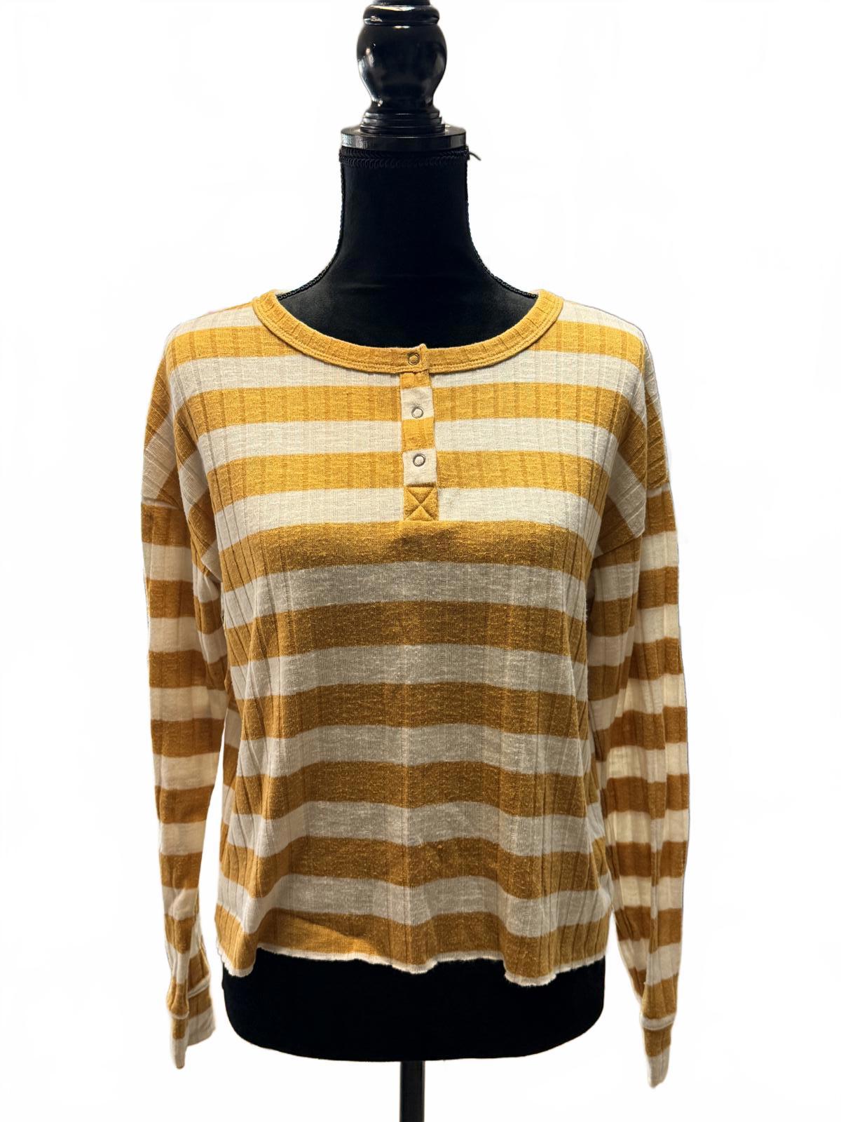 merican Eagle Striped Henley Top M Yellow Brown Earthy Boho Grunge Long Sleeve