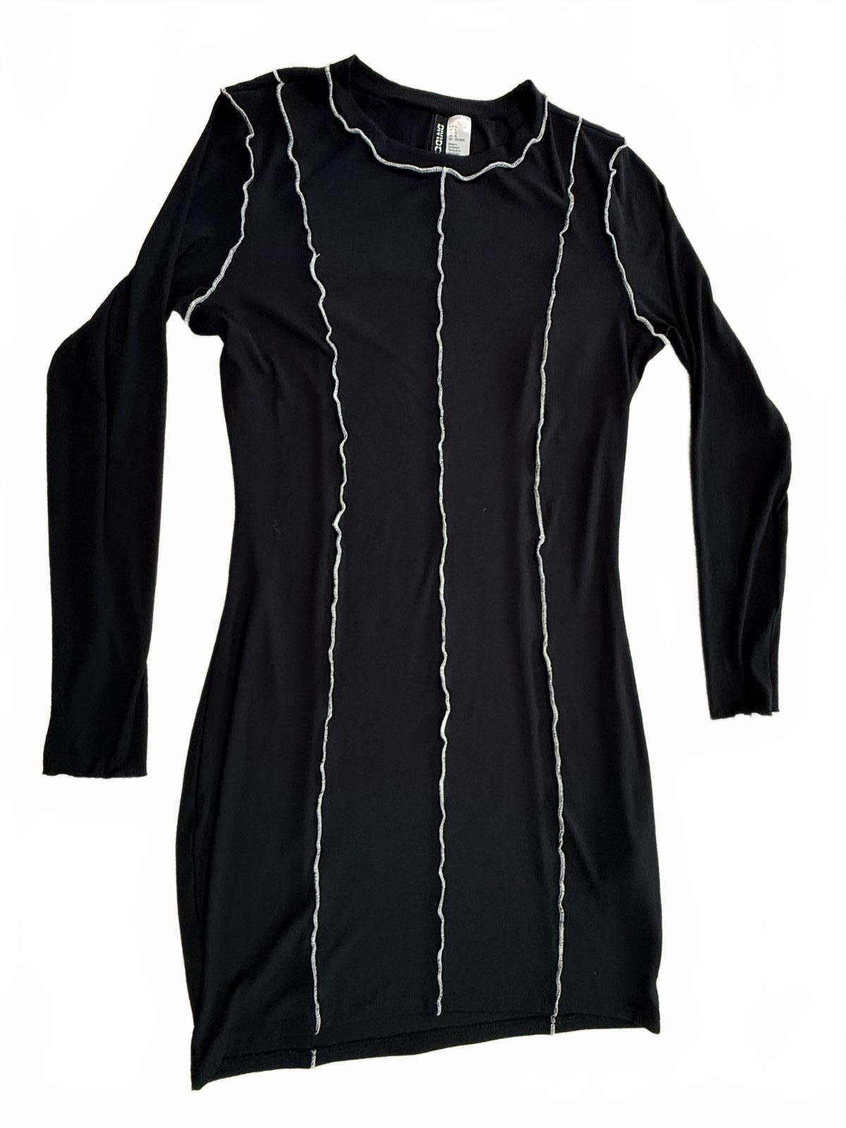 H&M Divided Black Contrast Stitch Long Sleeve Mini Dress Grunge Goth Y2K L