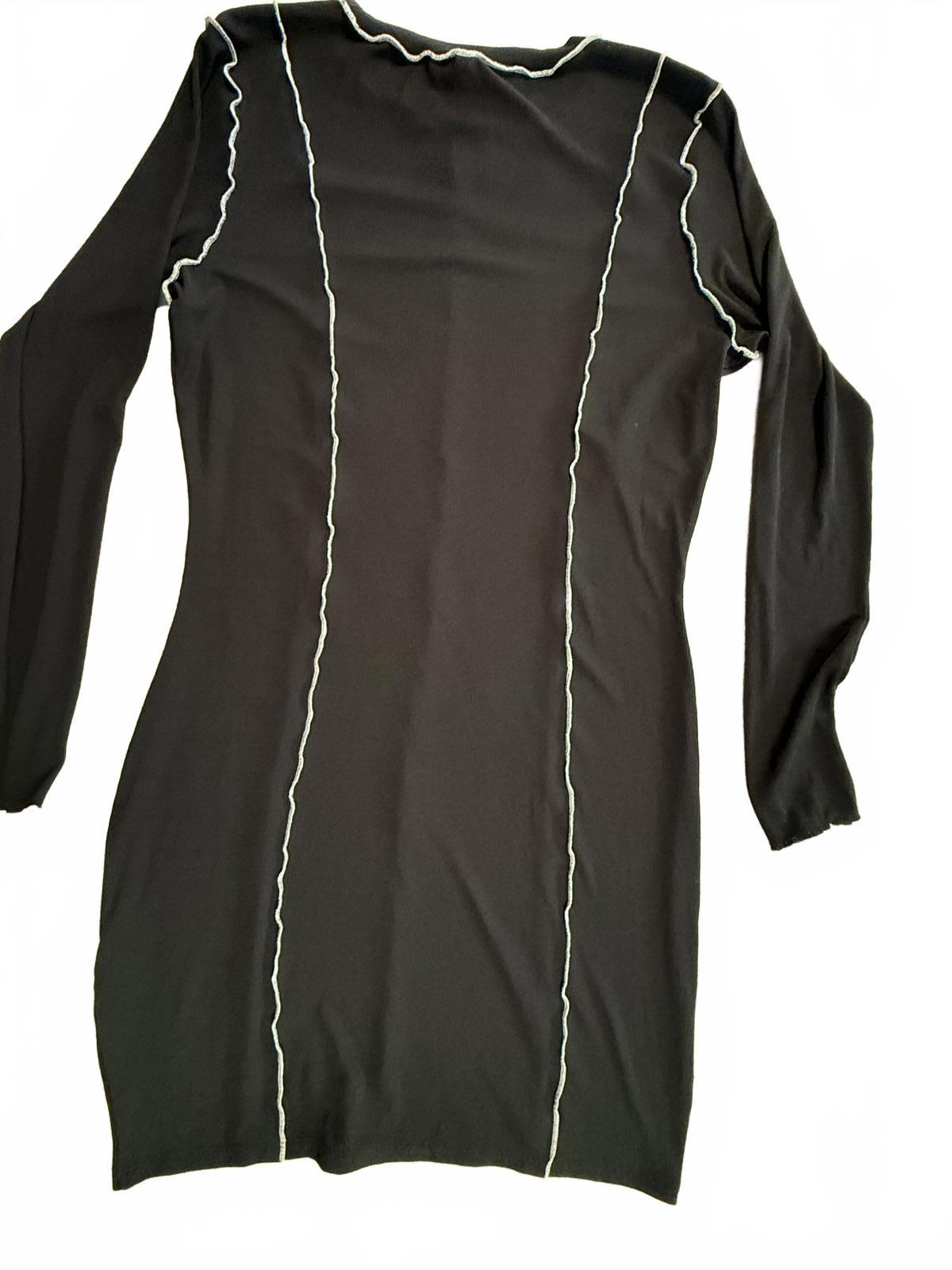 H&M Divided Black Contrast Stitch Long Sleeve Mini Dress Grunge Goth Y2K L
