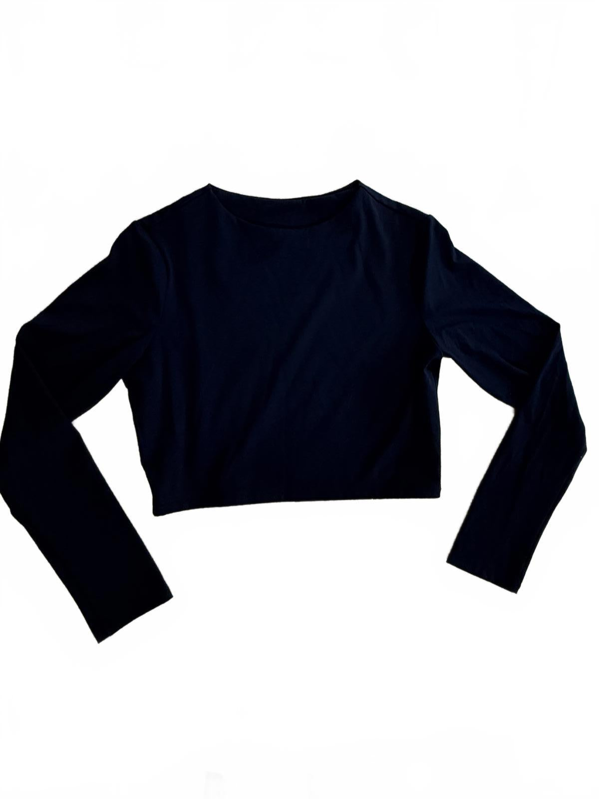 Black Ribbed Knit Long Sleeve Crop Top Crew Neck Slim Fit Minimalist Basic S