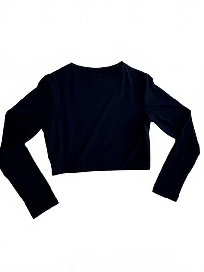 Black Ribbed Knit Long Sleeve Crop Top Crew Neck Slim Fit Minimalist Basic S