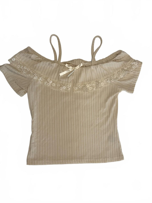 Romwe Khaki Ribbed Off The Shoulder Top Lettuce Trim Bow Detail Fairycore S