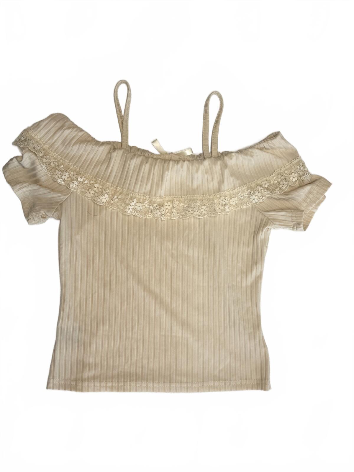 Romwe Khaki Ribbed Off The Shoulder Top Lettuce Trim Bow Detail Fairycore S