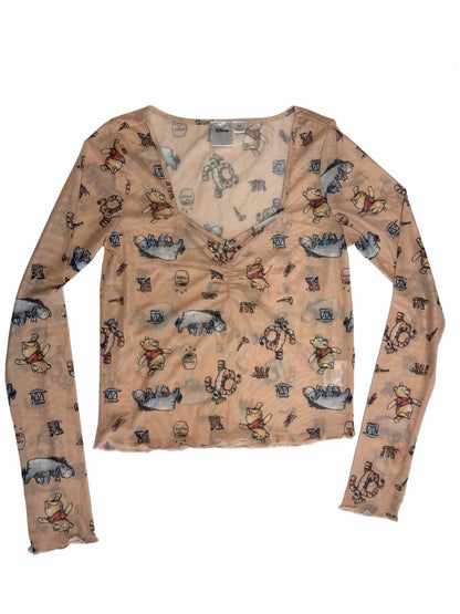 Disney Mickey Mouse Mesh Top Peach Floral Long Sleeve Sheer Coquette Fairycore M