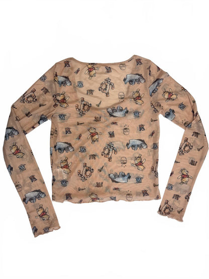 Disney Mickey Mouse Mesh Top Peach Floral Long Sleeve Sheer Coquette Fairycore M