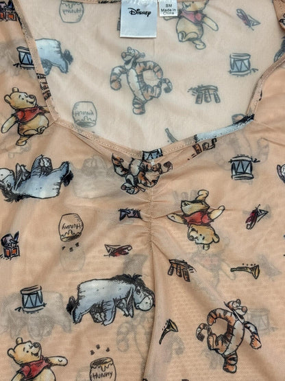 Disney Mickey Mouse Mesh Top Peach Floral Long Sleeve Sheer Coquette Fairycore M
