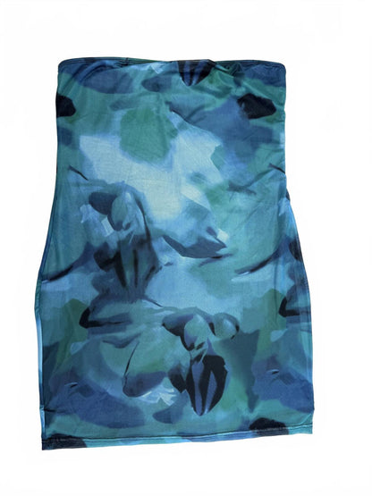 SHEIN Mesh Abstract Print Bodycon Mini Dress Blue Green Y2K Sleeveless Size L